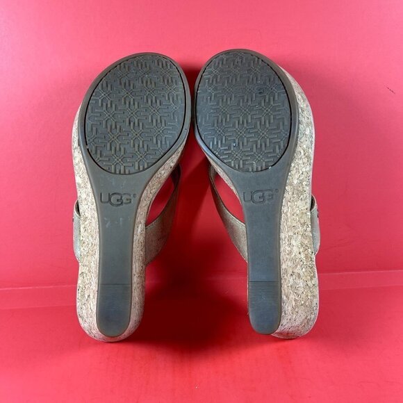 UGG Women's Natassia 1004396 Gold Leather Cork Wedge Heel Flip Flop Sandals Sz 8 - Picture 7 of 9